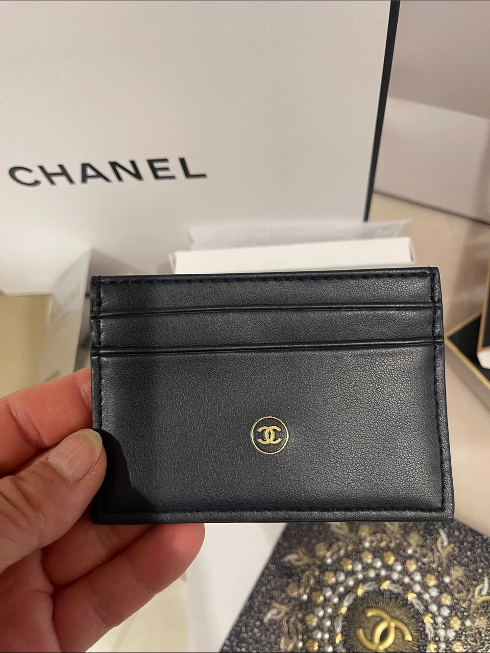 CHANEL Men’s Black Wallet & White Gift Presentation Set with Navy Accents